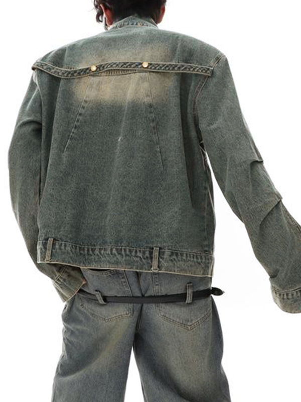 Chaqueta vaquera corta con cuello plisado lavado para hombre-1