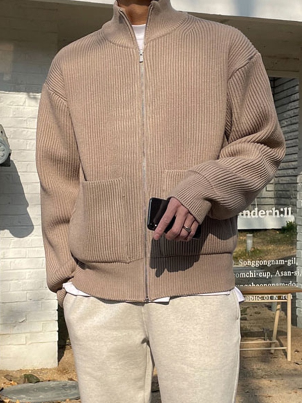Suéter liso con dos bolsillos y cremallera para hombre-5