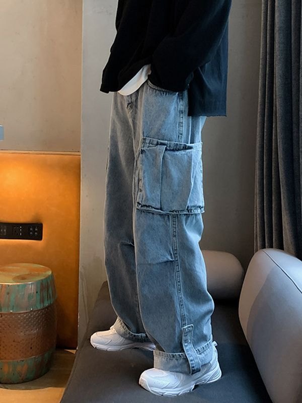 Jeans sueltos con parche de bolsillo lavado para hombre-5