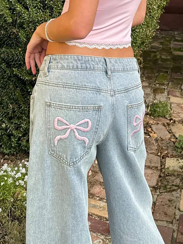 Vaqueros boyfriend con lazo rosa y bolsillo trasero bordado-1