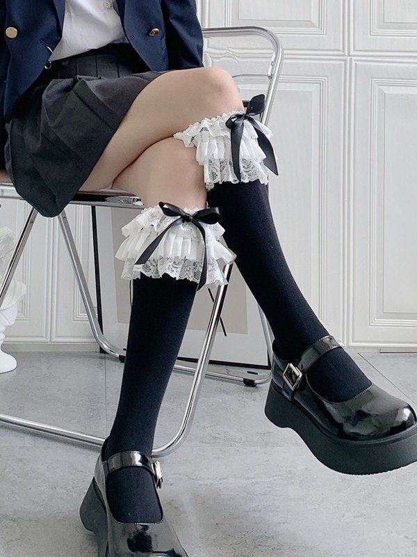 Calcetines hasta la rodilla con ribete de encaje con volantes-2