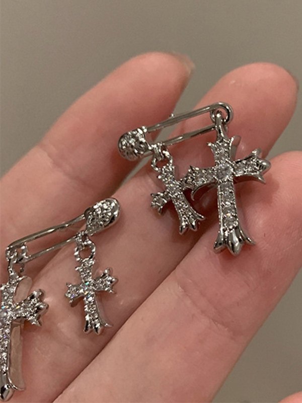 Aretes con dije de cruz de diamantes de imitación con imperdible-1