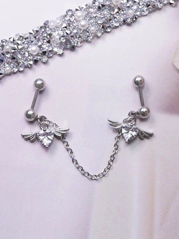 Aretes de cadena con dije de corazón alado-1