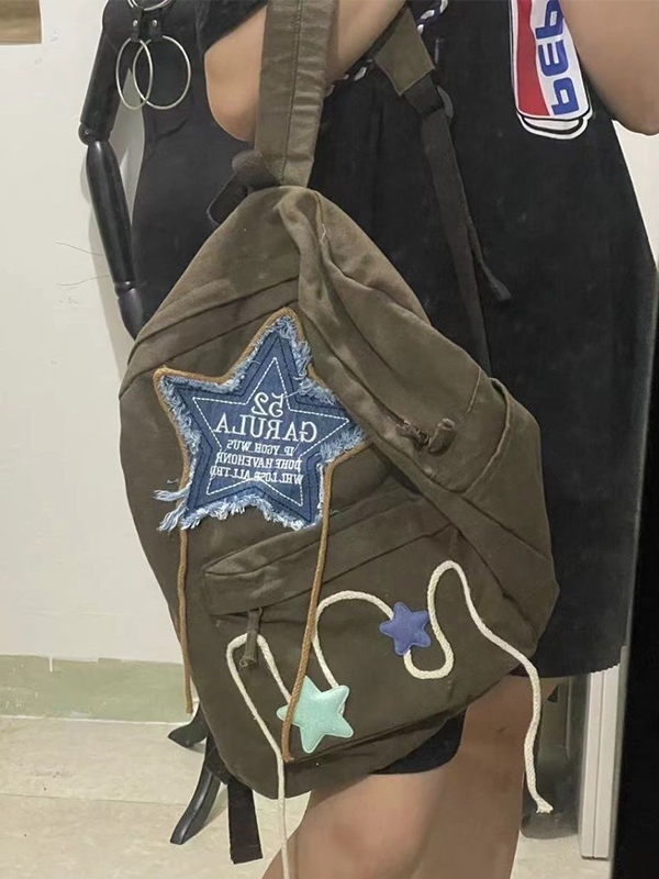 Mochila de lona con decoración de bordado de estrellas de mezclilla-2