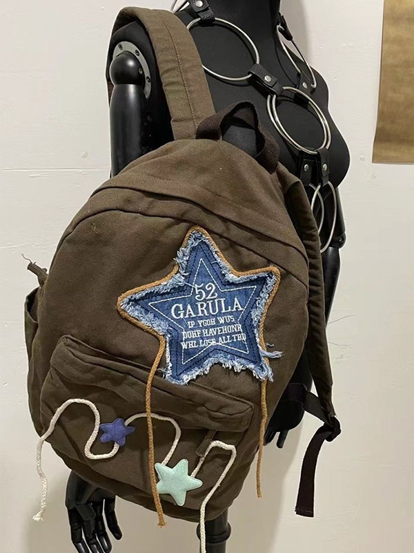 Mochila de lona con decoración de bordado de estrellas de mezclilla-4