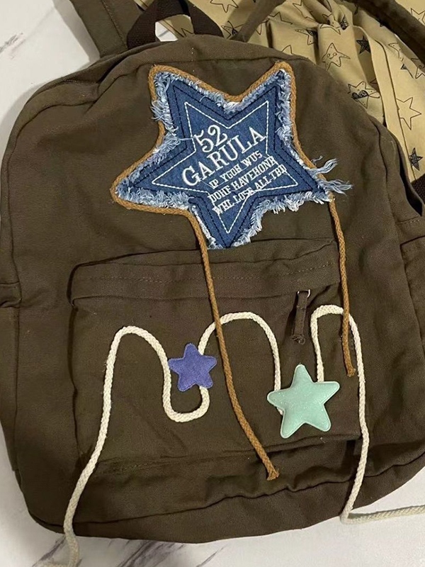 Mochila de lona con decoración de bordado de estrellas de mezclilla-1