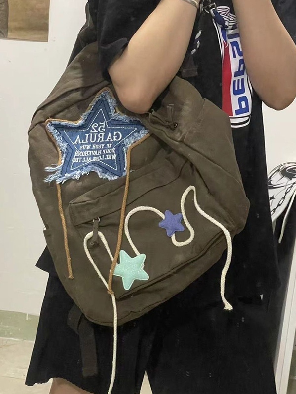 Mochila de lona con decoración de bordado de estrellas de mezclilla-3