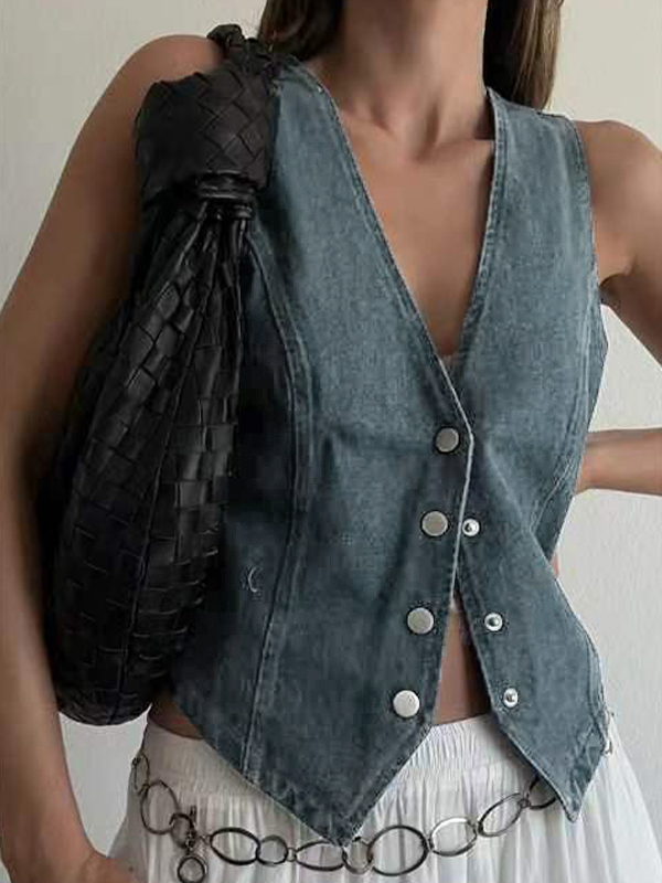 Camiseta sin mangas con chaleco vaquero con cuello en V-2