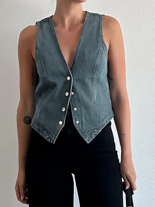 Camiseta sin mangas con chaleco vaquero con cuello en V-1