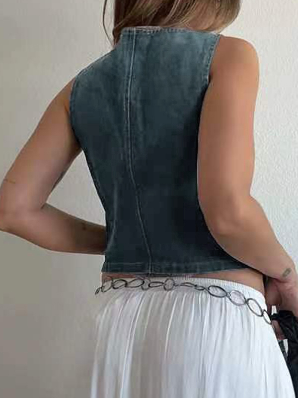 Camiseta sin mangas con chaleco vaquero con cuello en V-5