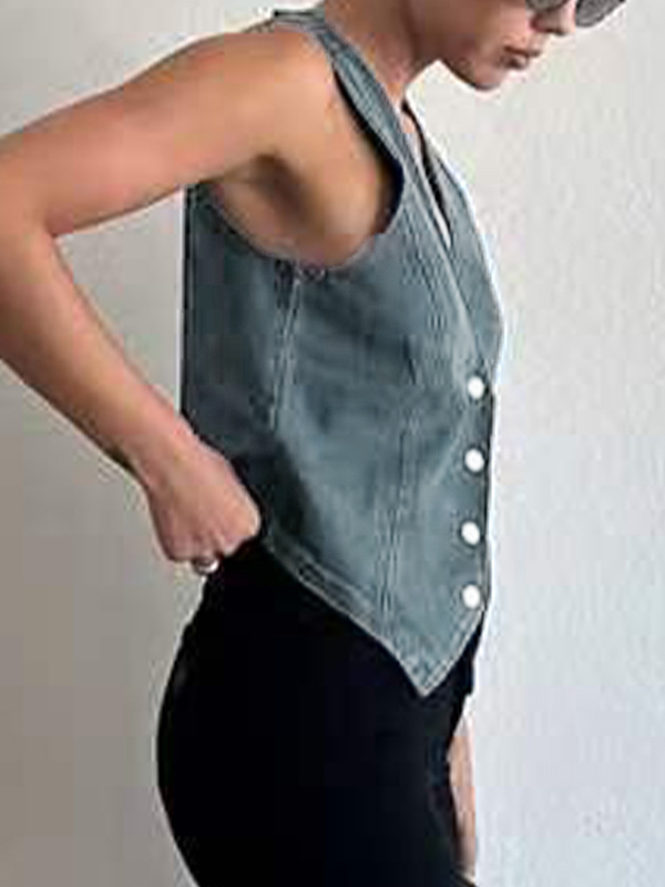 Camiseta sin mangas con chaleco vaquero con cuello en V-4