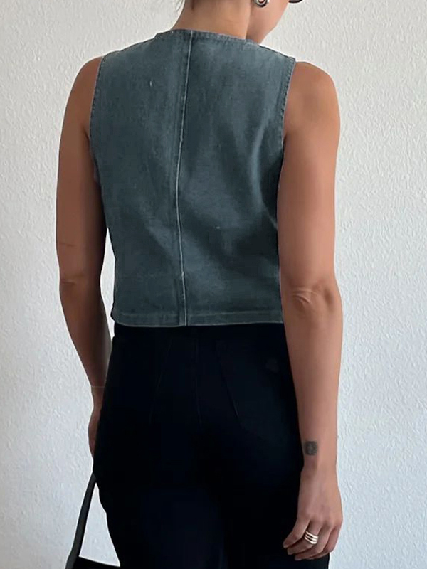Camiseta sin mangas con chaleco vaquero con cuello en V-6